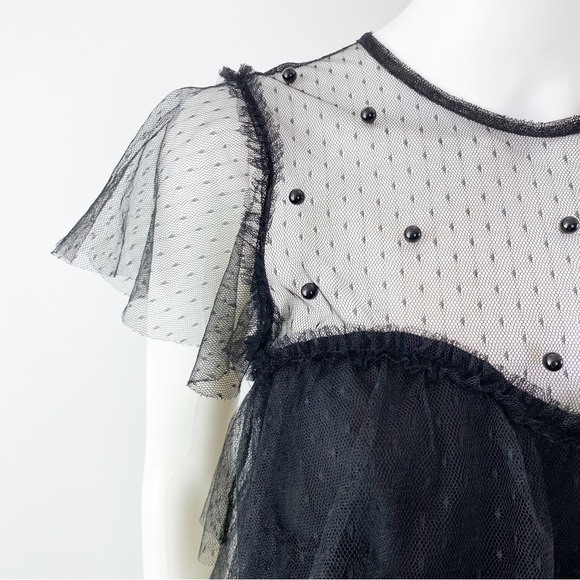 Zara Women's Black Sheer Mesh Lace Layered Short Sleeve Ruffle Top Size XS - Picture 3 of 9